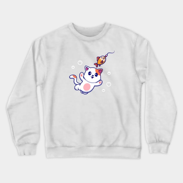 Cute Cat Catching Fish Cartoon Crewneck Sweatshirt by Catalyst Labs